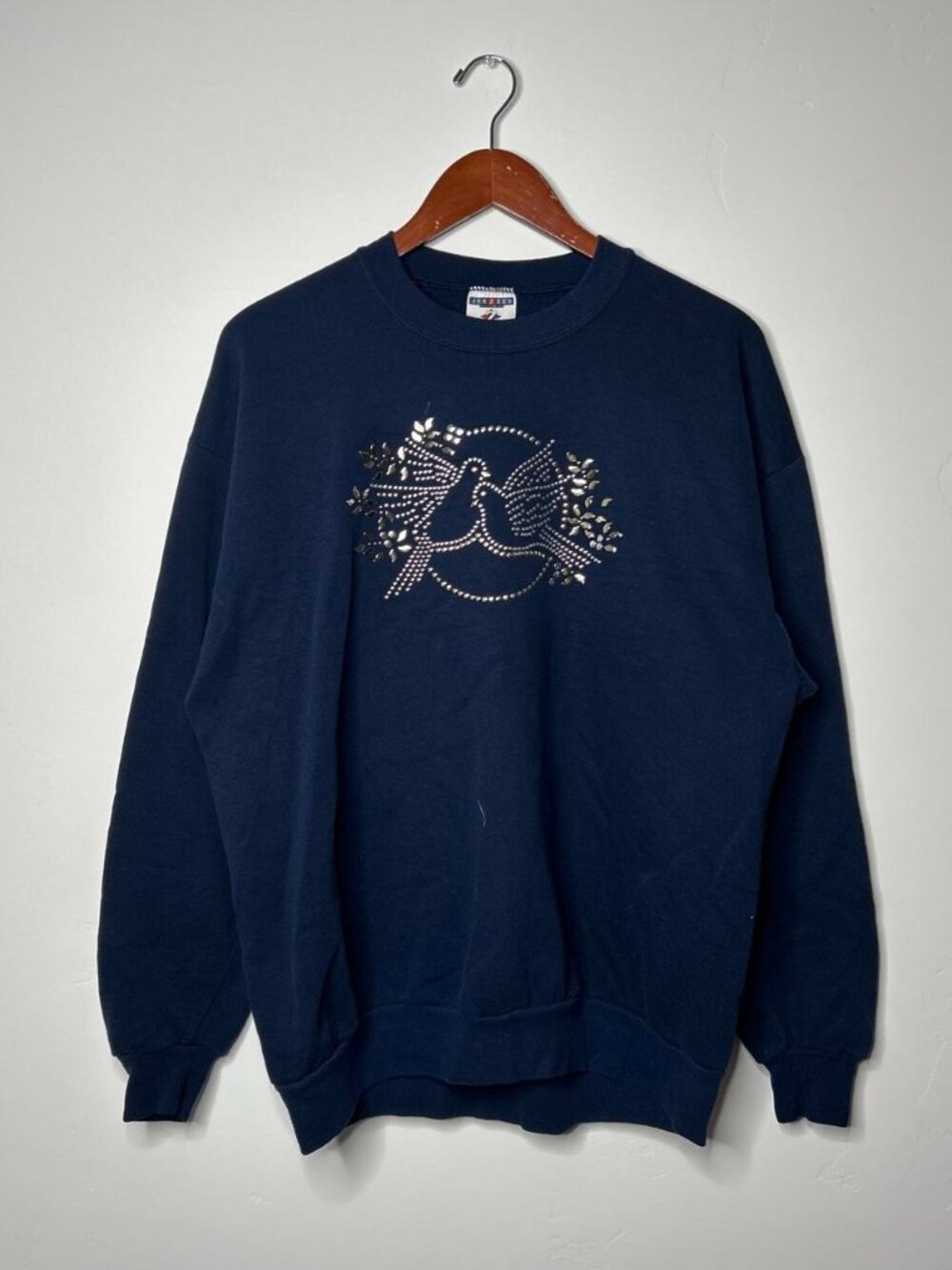 Jerzees Navy Blue Rhinestone Dove Crewneck Sweatshirt with White Dove Graphic - Picture 1 of 4